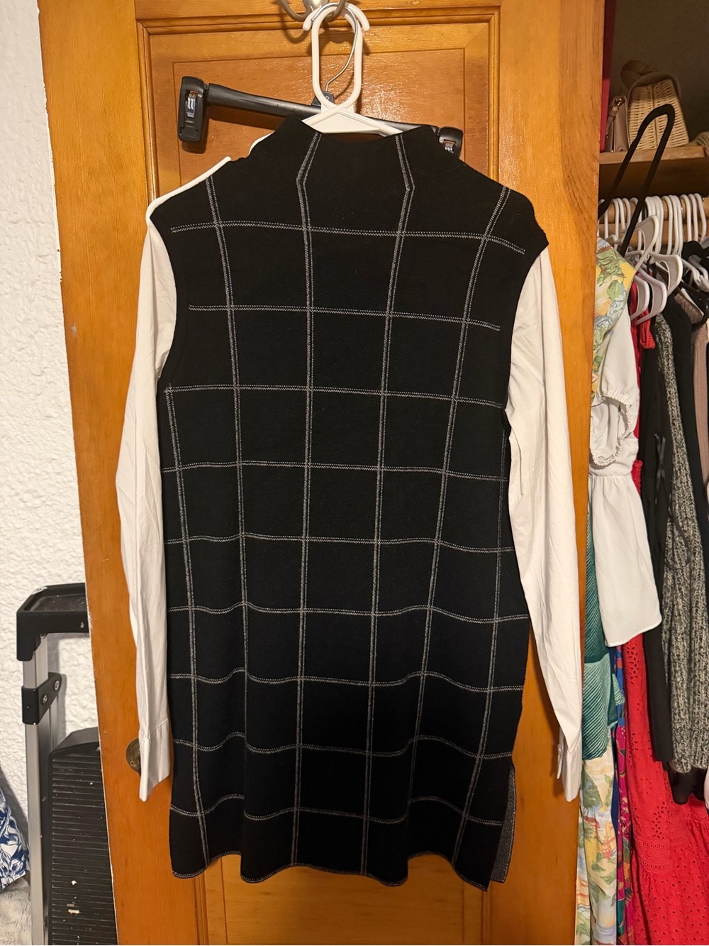 Tahari Black and White Windowpane Knit Mock Neck Twofer Sweater Dress